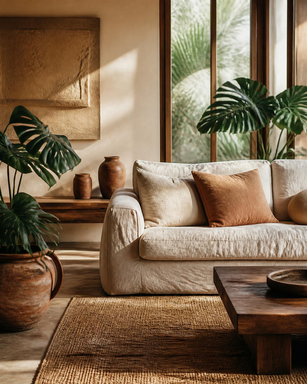 Calm, tidy living room with linen sofa and tropical plants